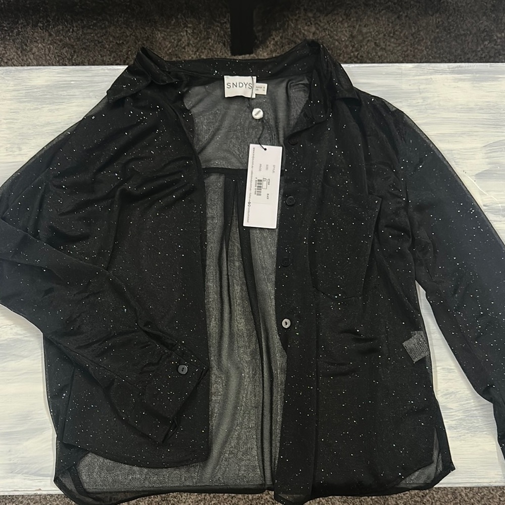 SNDYS black sparkly sheer button down shirt